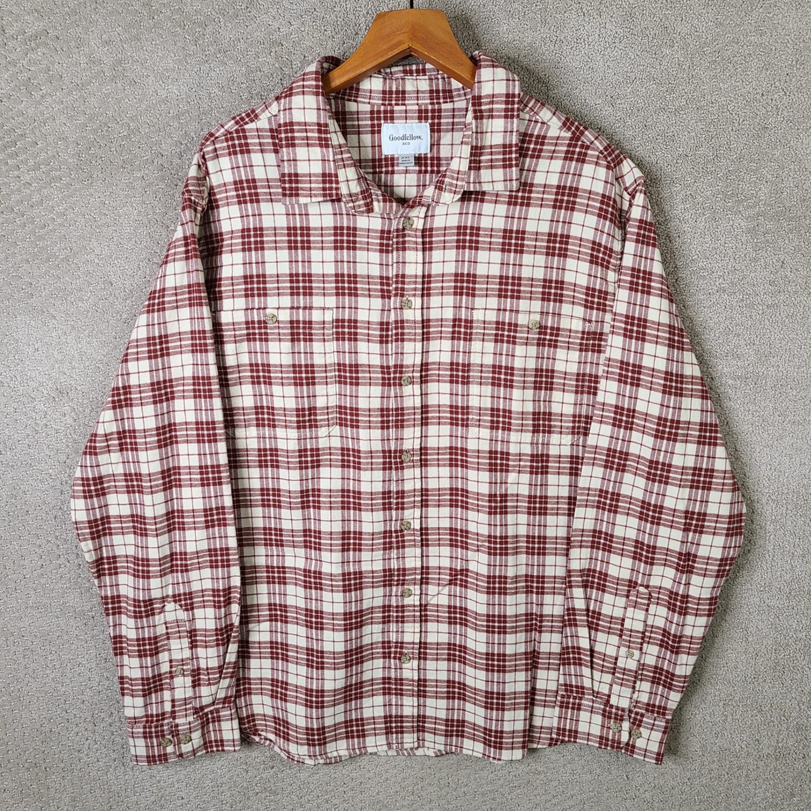 Goodfellow Shirt Mens Xxl Maroon Plaid Button Down Cotton Long Sleeve Flannel